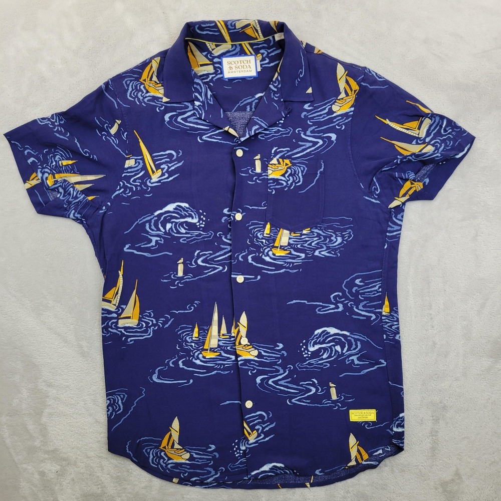 Scotch Soda Shirt Mens Small Blue Yellow Sailboat Nautical Print Short Sleeve SS